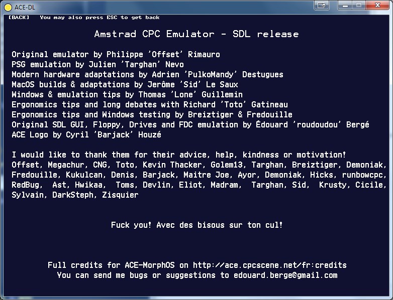Fuck you ! Avec des bisous sur ton cul !  - Ace Amstrad CPC Emulator screenshot