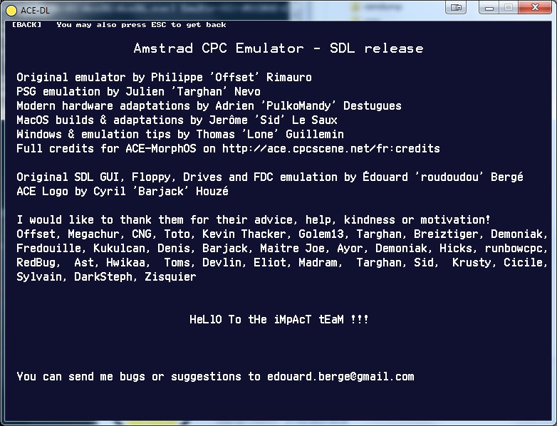 Hello to the impact team - Ace Amstrad CPC Emulator screenshot